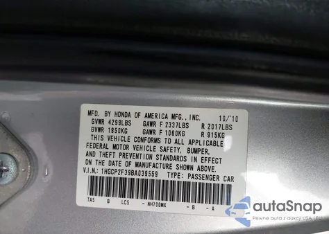 2011 Honda Accord 2.4 Lx z USA, uszkodzony, nr VIN 1HGCP2F39BA039559